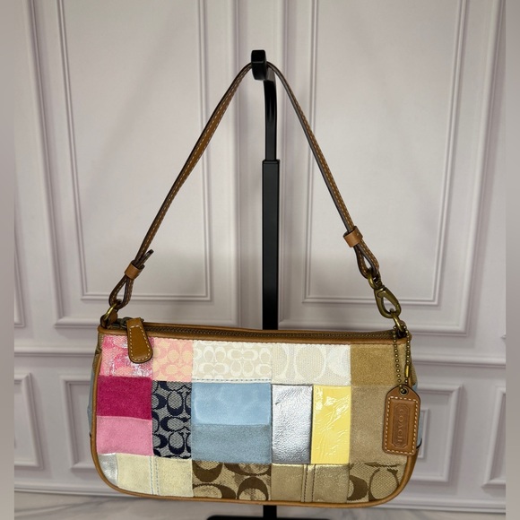 Coach Handbags - Coach Multicolor Patchwork Shoulder Bag with Tan Leather Trim | Y2K